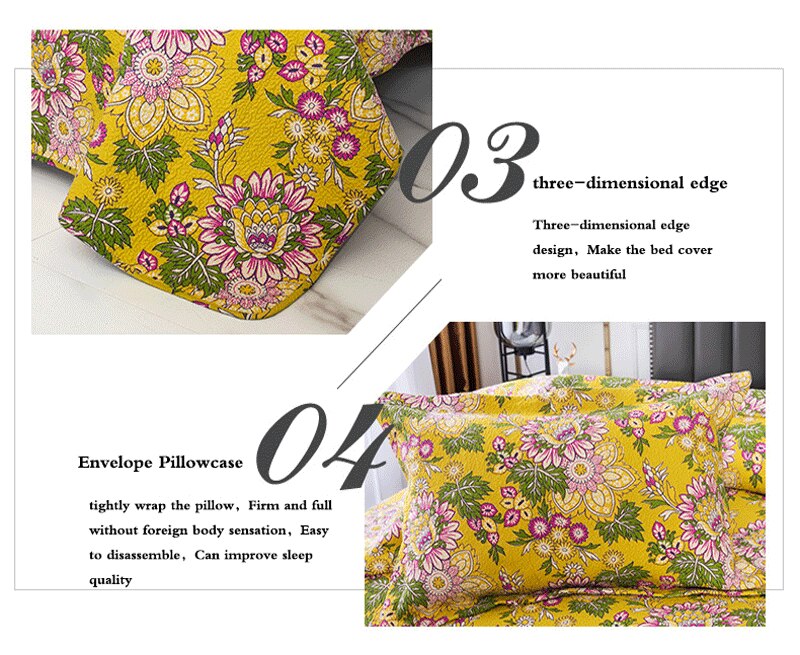 Yeknu Single Double Bed Cotton Botanical Flower 3pcs Printed Quilted Quilt Pillowcase Free Shipping lençol de cama casal أسرّة