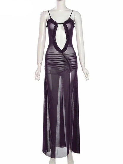 Sexy Hollow Long Dress For Women Print Camisole Off Shoulder Backless Sleeveless Frilly  Mixi Dress Female Party