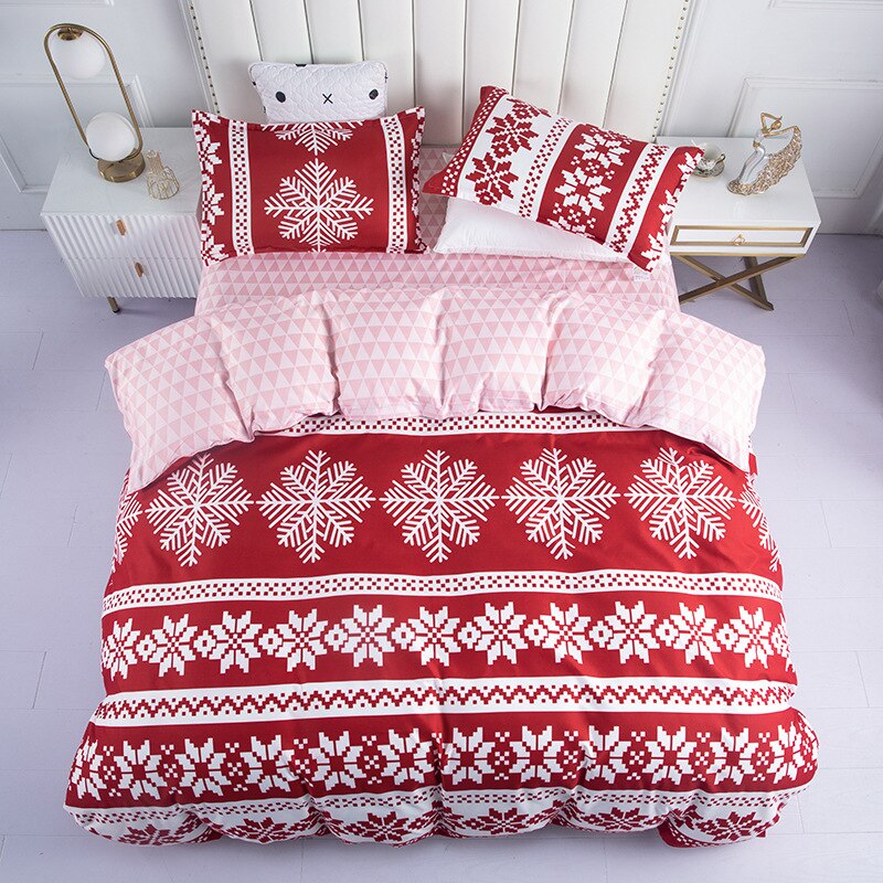 Yeknu New 4pcs High Quality Skin Friendly Christmas Snowflake Bedroom Double Soft Bedding Set Sheet Quilt Cover Pillowcase