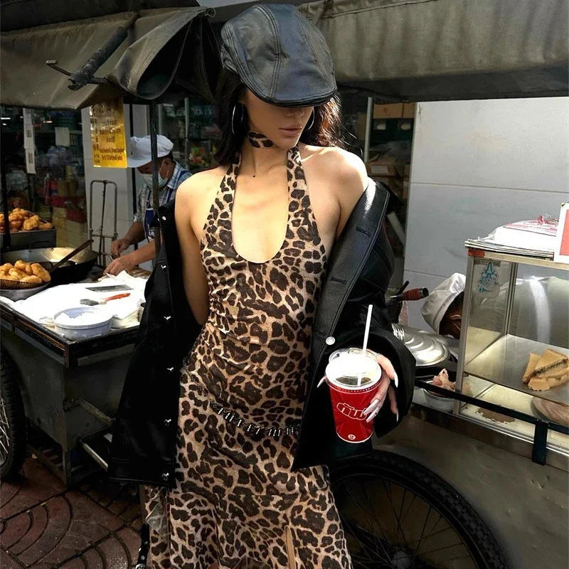 qgtao Leopard Printed Sexy Woman Dresses Vintage Mini Backless Y2k Dress Short Streetwear Party Female Fashion Hotsweet Chic