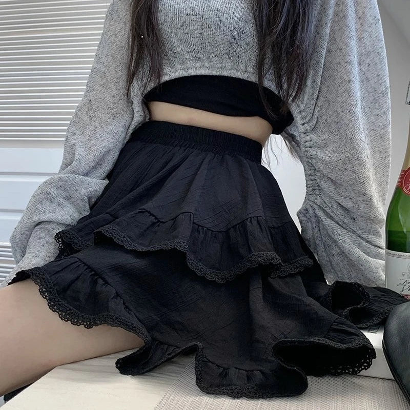 qgtao Ruffles Kawaii Women Mini Skirt Japanese Style Irregular Sweet Lace White Patchwork Elegant Casual Black Short Skirt