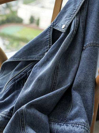 qgtao  New Spring Autumn Motorcycle Denim Jacket Women Fashion Lapel Zipper Short Cowboy Streetwear Vintage Loose Coat Outwear