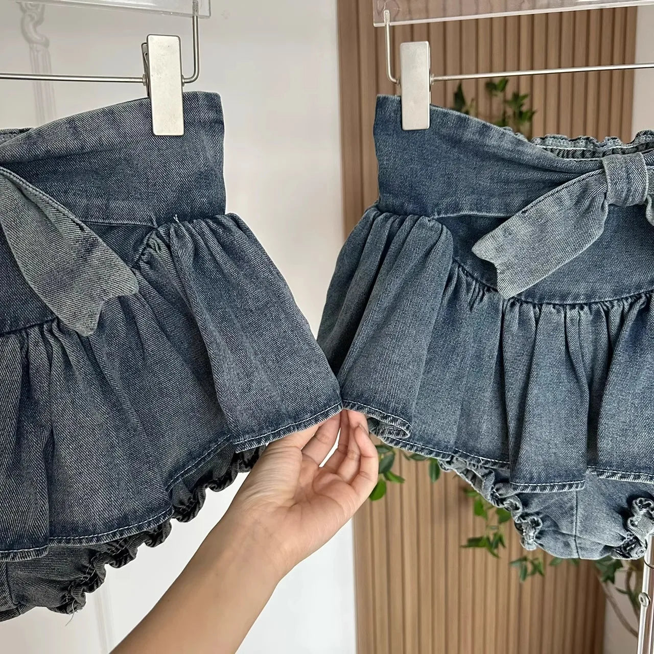 qgtao Women Bow Pleated Jean Skirt Shorts Summer Trendy Irregular Hem Sexy Spice Girl A-line Denim Mini Skirts Vintage Chic Streetwear