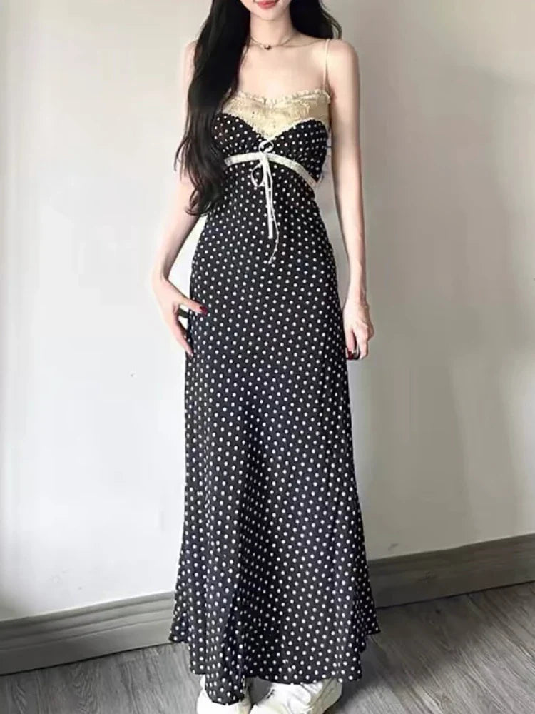 qgtao Vintage Elegant Holiday Lace Midi Dress Women Summer Korean Style Bow Strapless Dress Female Temperament Floral Design Clothing