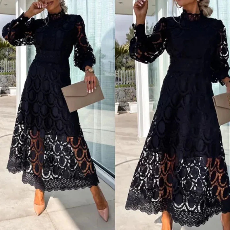 qgtao Women Crochet Hollow Solid Party Dress Sexy Half High Lace High Waist Slim Long Dress Fashion Summer Lace Patchwork Maxi Dress