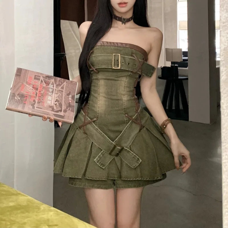 qgtao Women Pu Leather Stitching Denim A-line Mini Dress French Vintage Y2k Lace-up Dress Korean Retro Fashion Clothing