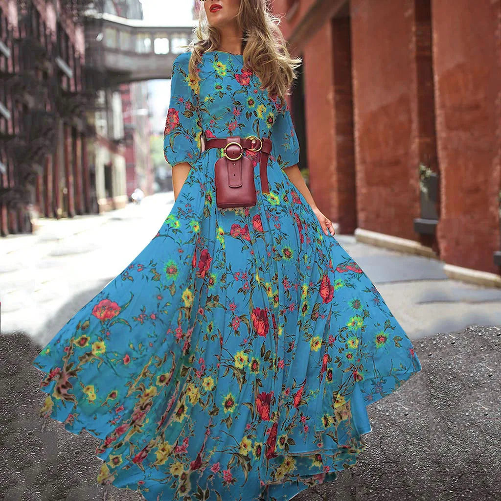 qgtao Spring Summer Vintage Flower Floral Print Maxi Dress Office Lady Fashion Elegant Long Sleeve O-neck Dresses For Women 2024