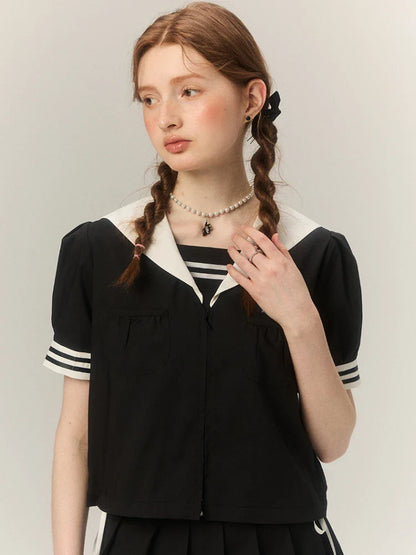 qgtao  -   Kawaii Sailor Collar Blouse Women Summer Fashion Short Sleeve White Shirt Zipper Preppy Style Aesthetics Uniform Clothes