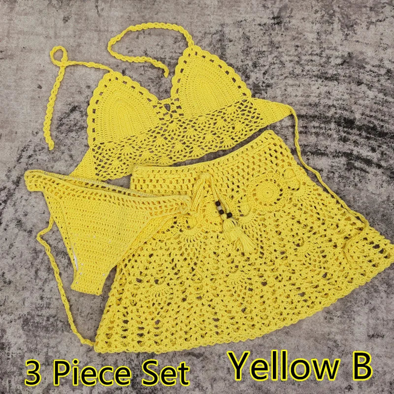 qgtao 2/3 Piece Set Hand Crochet Florens Bikini Women Sexy Beach Skirt Boho Style Elastic Waistband