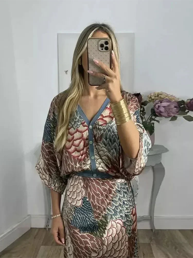 qgtao Summer Chic Printed Long Skirt Sets Women Fashion V Neck Half Sleeve Single Breasted Shirt Suits 2024  Female Commuting  Outfits