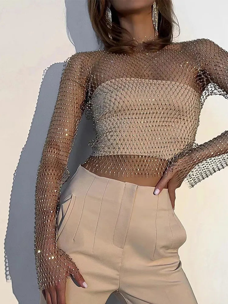 qgtao Women Sexy Mesh See Through T Shirt Shiny Rhinestone Fishnet Hollow Out Crop Top Long Sleeve Beach Cover Up Party Club Tank Tops