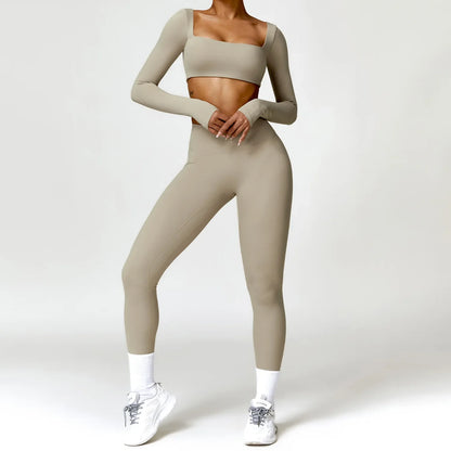 qgtao Yoga Set 2PCS Women Gym Long Sleeve Seamless Sportswear Workout Clothes Athletic Wear Legging Fitness Bra Crop Top Sports Suits