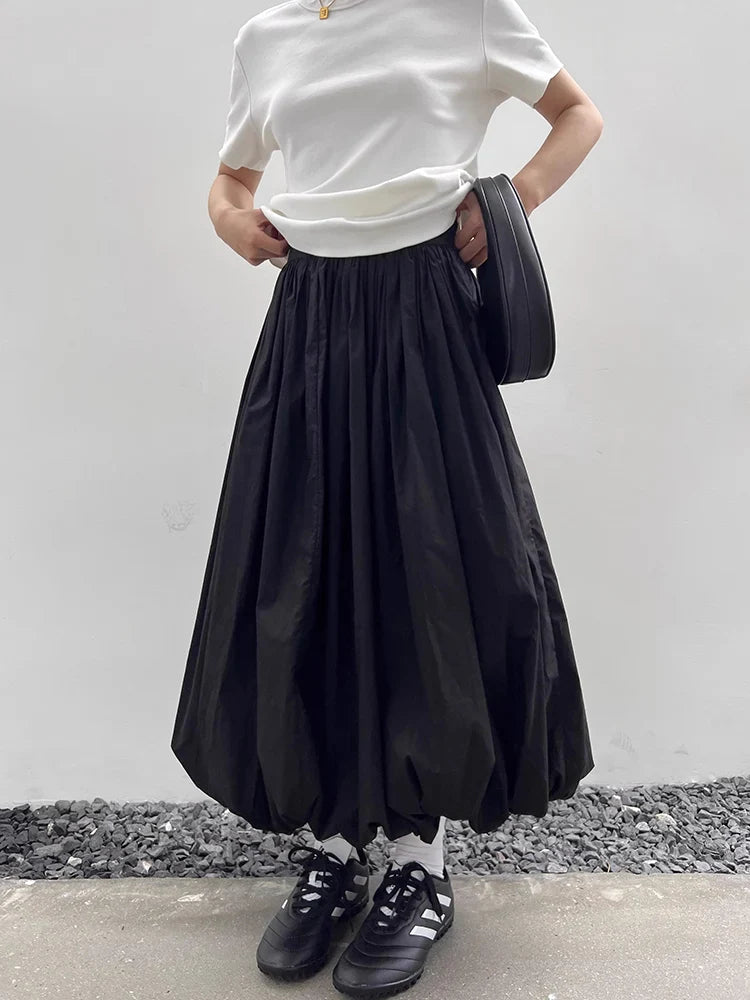 qgtao Long Skirt Women Elegant Solid Elastic Waist A-line Vintage Korean Fashion Loose Balloon Maxi Skirt Casual Streetwear