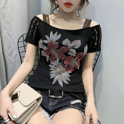 Runway Fashion European Women's Clothes Sexy Off Shoulder Letter Shiny Diamonds T-Shirts Luxury Brand Mesh Tees Tops Blouse