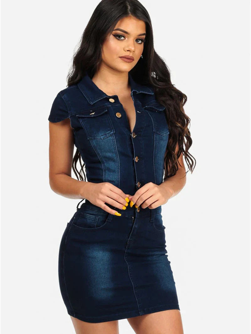 qgtao Vintage Denim Mini Dress Women Summer Clothes Short Sleeve Turn Down Collar Bodycon Dresses Sexy Party Club Jeans Dress Vestidos