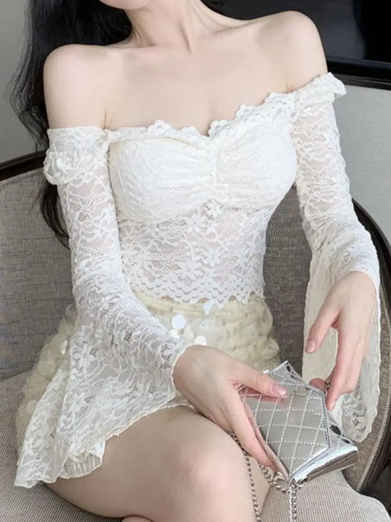 qgtaol Lace Crop Tops Women Sexy Off Shoulder Blouses Female Vintage Fashion Slim Tee Ladies Elegant Chic Slash Neck
