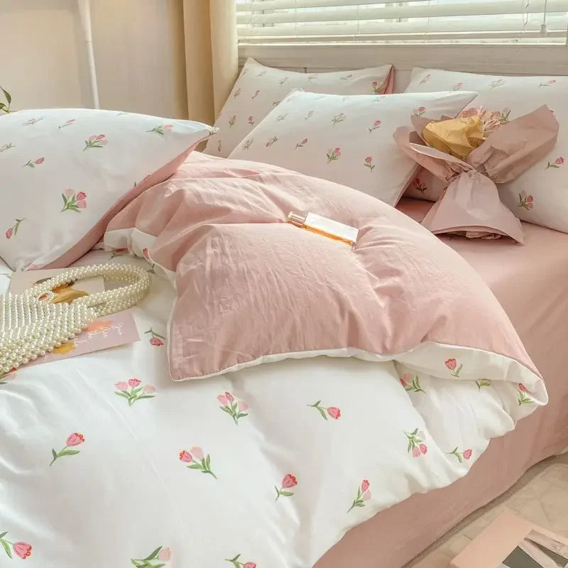 Yeknu Romantic Tulip Pink Bedding Set Bed Flat Sheet Pillowcase Twin Full Queen Bed Linen Kids Girls Floral Duvet Cover No Filling