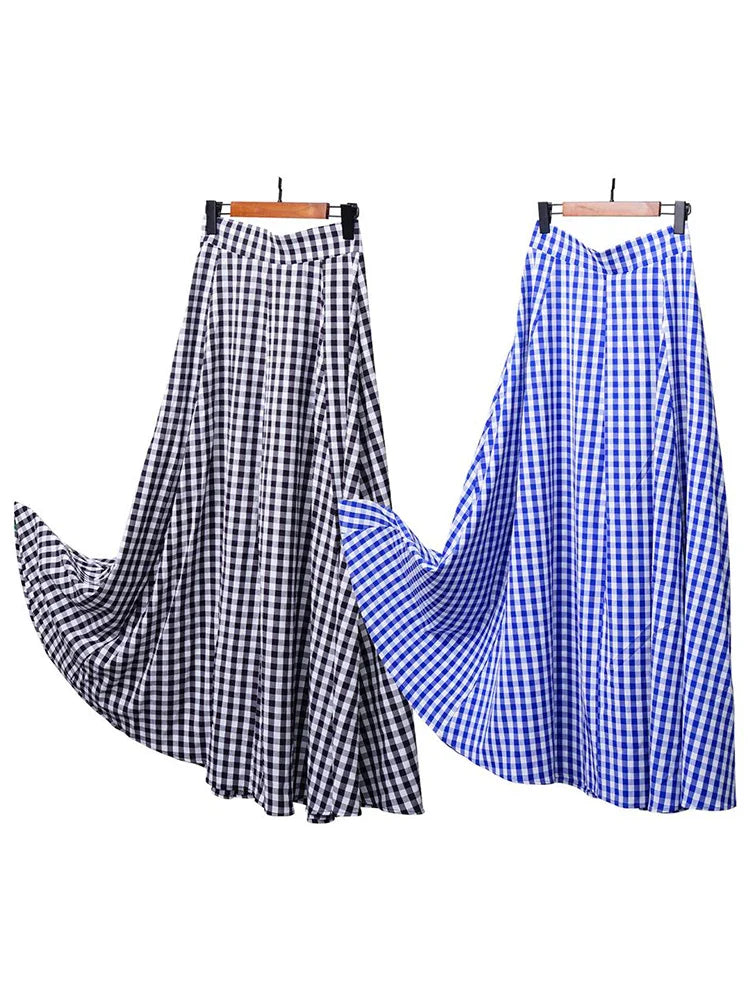 Fashion Plaid Skirt Women Boho Long Dress Summer Elegant Sexy Elastic Aline Skirt Lady Casual Loose High Waist Skirt With Pocket