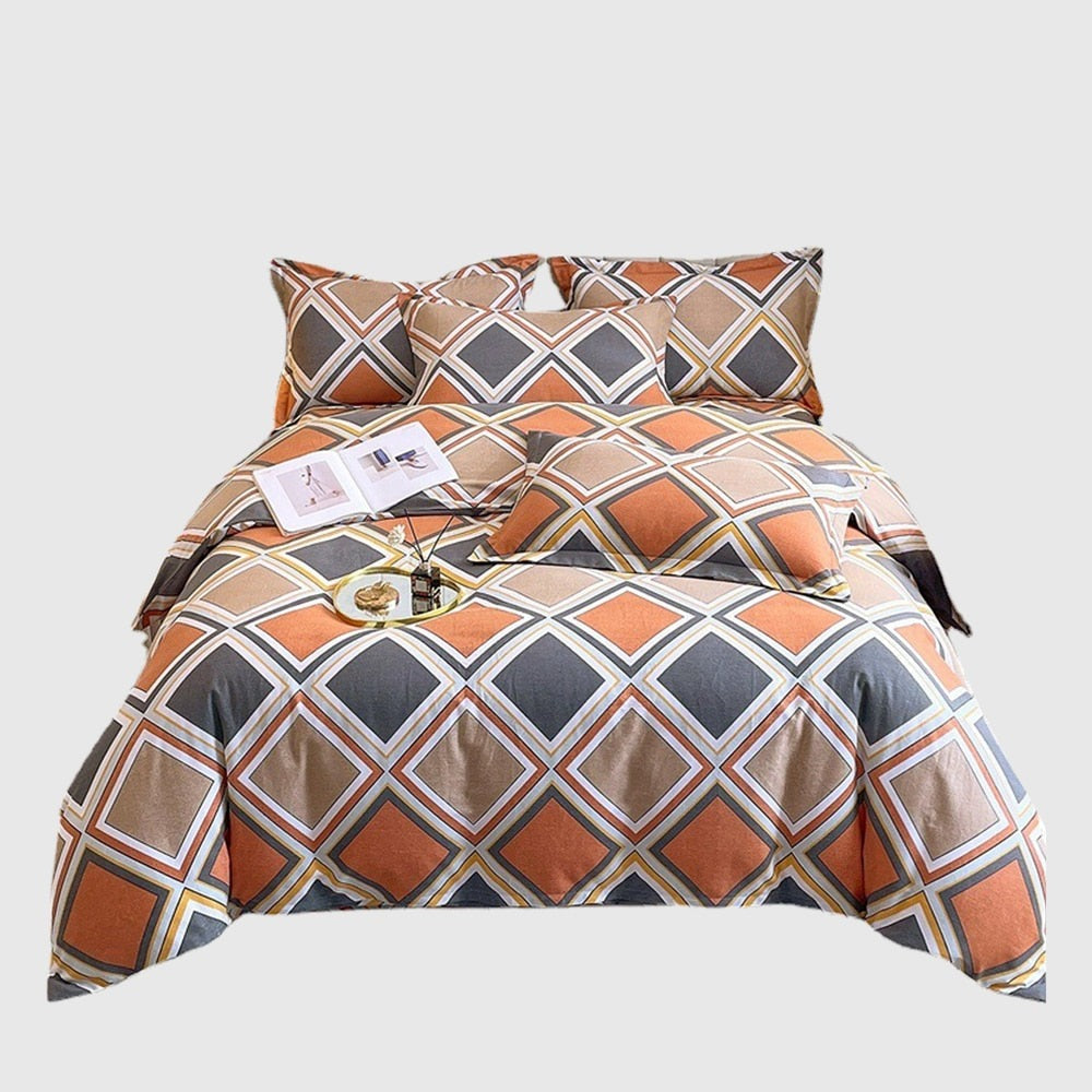 Yeknu 4pcs Autumn and Winter Thickening Soft Bedroom Bedding Set Home Textile Geometric Pattern Sheet Quilt Cover Pillowcase