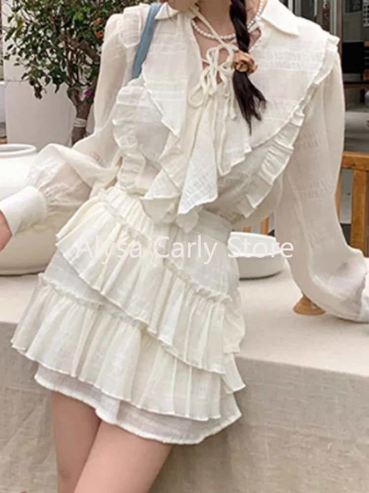 qgtao Korean Elegant Office Lady Two Piece Set Women Autumn Ruffle Blouse Irregular Mini Skirt Sets Fashion Sweet Party Skirt Set 2024