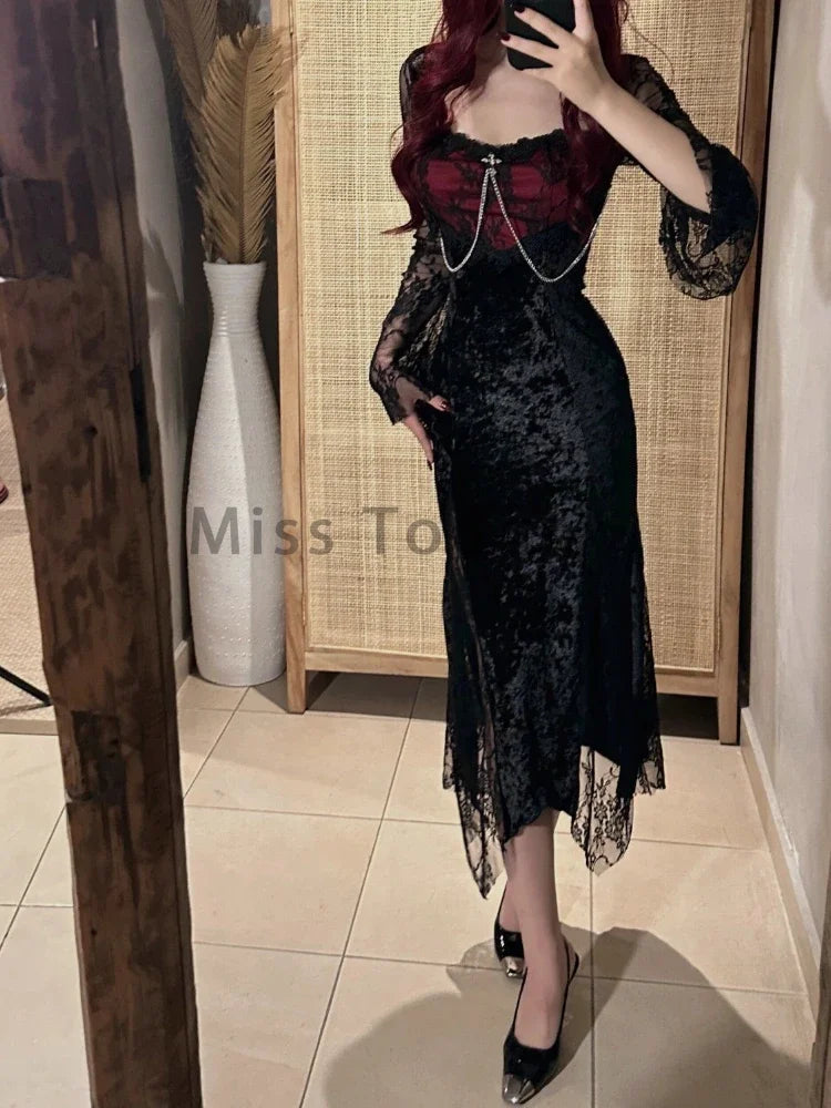 qgtao Summer Gothic Grunge Y2k Lace Dress Women Dark Academia Sexy Slim Party Dresses Korean Fashion Design Festival Long Prom Dress