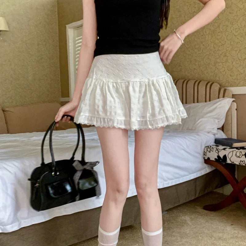 qgtao Ruffle Lace Mini Skirt White Fairycore Sweet Korean Style Layered Tulle Short Skirts Cute Casual Texture A-line Skirt