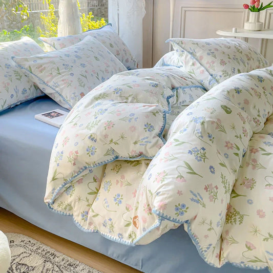 Yeknu Pastoral Girls Flower Bedding Sets, Washed Cotton Bed Linens, Soft Quilt Cover Sheet Set, Simple Bedspread, Home Textiles