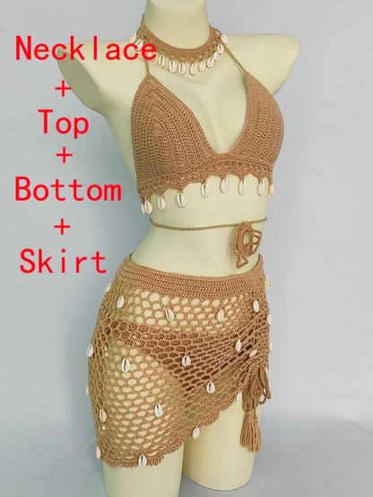 qgtao 4 pieces Woman Bikini Set Crochet Shell Tassel Top Sexy Thong Bottom See-Through Hollow Out Bandage High Waist Short Beach Skirt