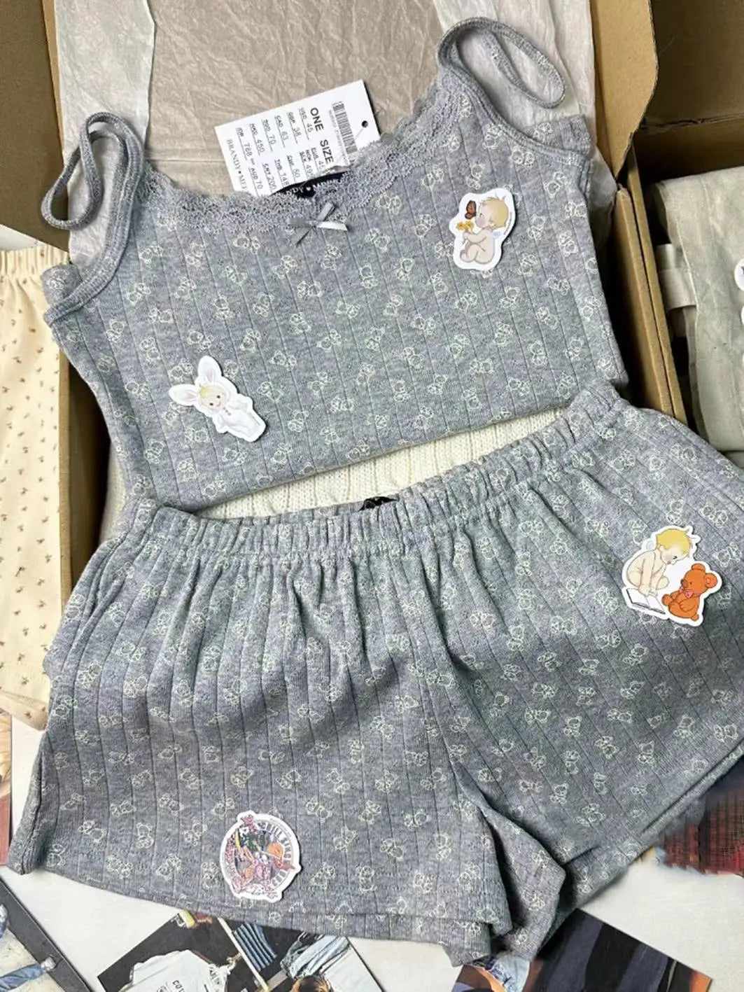 Little Bear Eyelet Cotton Vest Shorts Set Summer Sweet Bow Lace Camis Tops And Shorts Vintage Cute 2 Piece Sets Women Outfit New