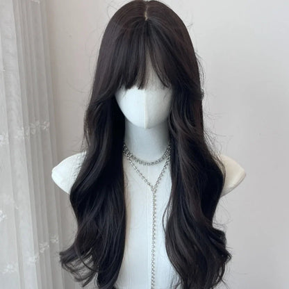 qgtao  -  Long Wave Wig Black Wavy Wigs with Bangs Naturally Soft Synthetic Wig for Cosplay Daily Use Heat Resistant Headband Wigs