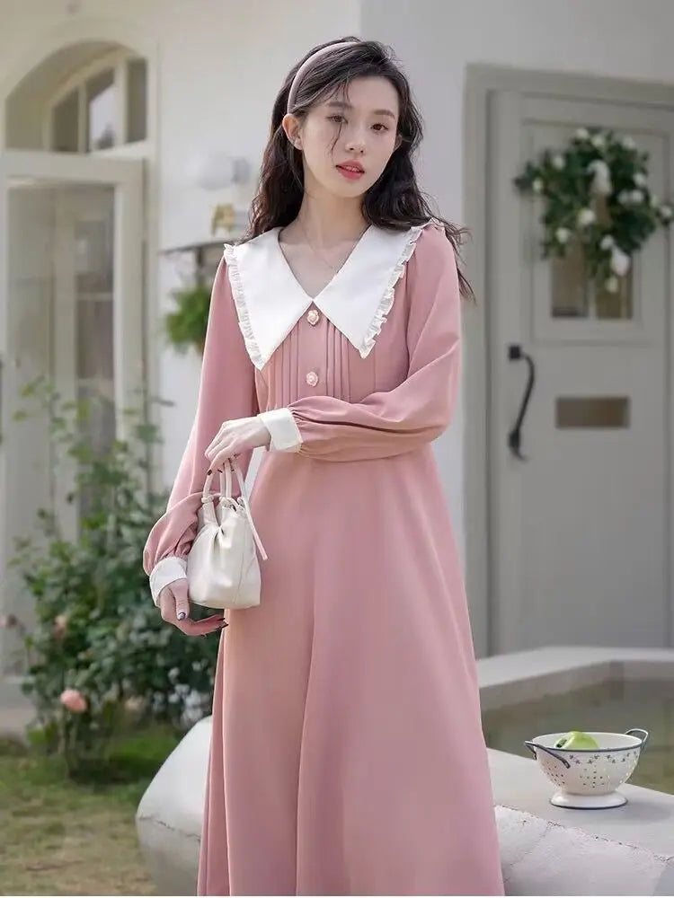 qgtao French Vintage Elegant Peter Pan Collar Pink Long Dress Women Spring Autumn Fashion Sweet design Ladies Loose Casual Midi Dress