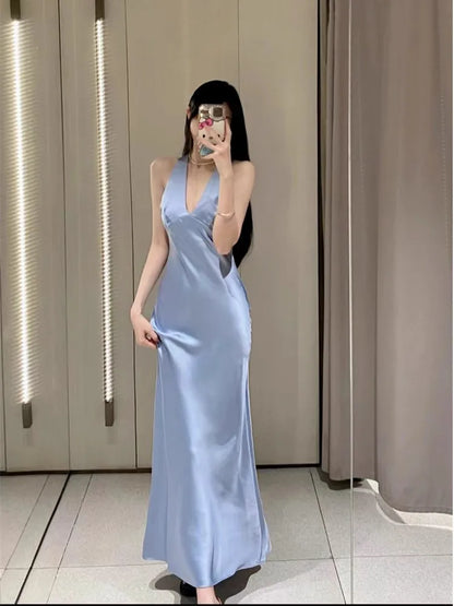 qgtao  2024 Women's Silk Satin Texture Long Dress Dresses on Sale Clearance Sexy Costume Robe Femme Elegant Fashion Summer