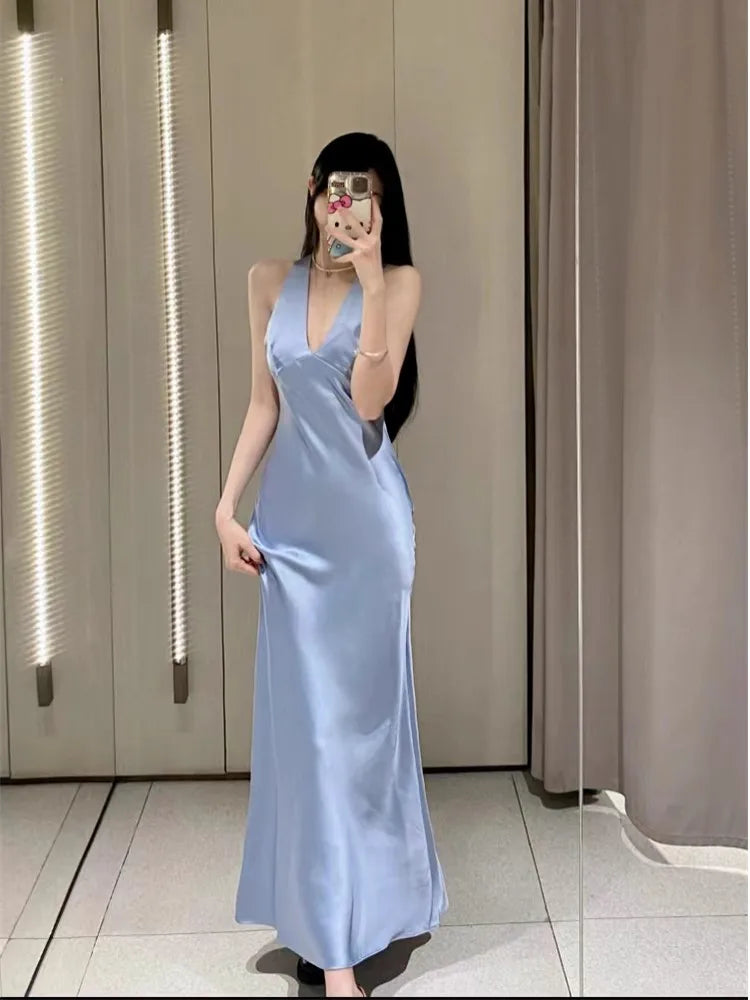 qgtao  2024 Women's Silk Satin Texture Long Dress Dresses on Sale Clearance Sexy Costume Robe Femme Elegant Fashion Summer
