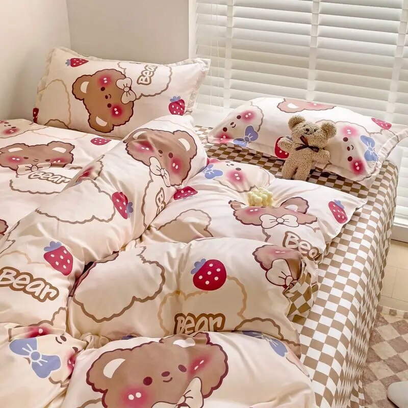 Yeknu - Kawaii Cherry Duvet Cover Set Pillowcase Flat Sheet Floral Boys Girls Twin Full Size Soft Bedding Kit Korean Ins Style Home Use