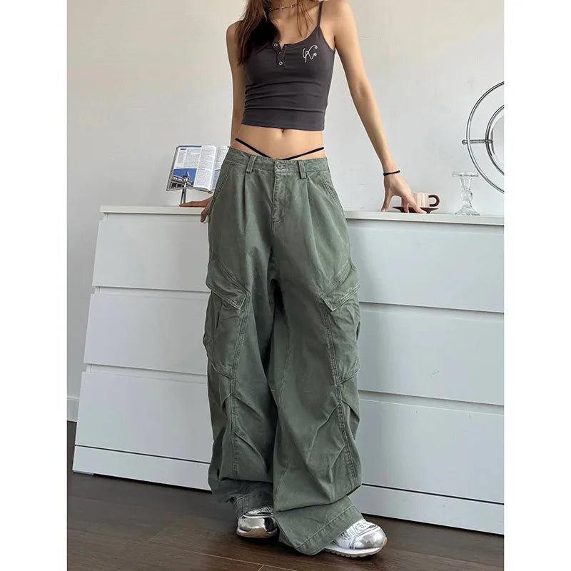 qgtao  -  2024 NEW Green Jeans for Women High Quality High Waist American Wide Leg Pants Solid Y2K Vintage Straight Summer Trousers