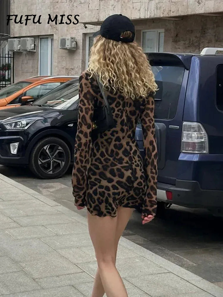 qgtao Women Sexy Leopard Print Mini Dress Slim O-neck Long Sleeve Fashion Summer Dresses 2024 Vintage High Street Lady High Streetwear