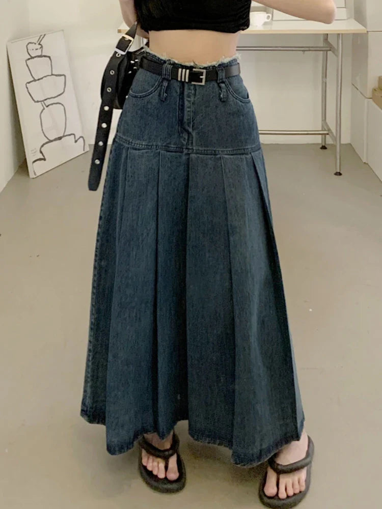 qgtao Long Skirts Women Vintage Spring Summer High Waist Jean Skirt Ladies  A-Line Ruffle Pleated Denim Skirt Plus Size With Belt