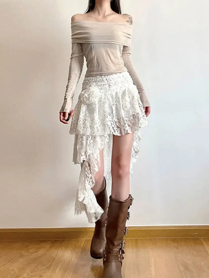 qgtao Lace Irregular Skirts Y2k Aesthetic Bohemian Beach Casual Design Casual Ruffled Fairy Sexy Harajuku Skirts 2024 Spring