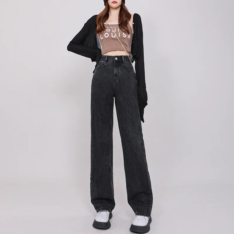 qgtao  High Waiste Jeans Y2K Fashion Women Clothing Blue Black Straight Leg Denim Pants Trousers Mom Jean Baggy Trousers Tall