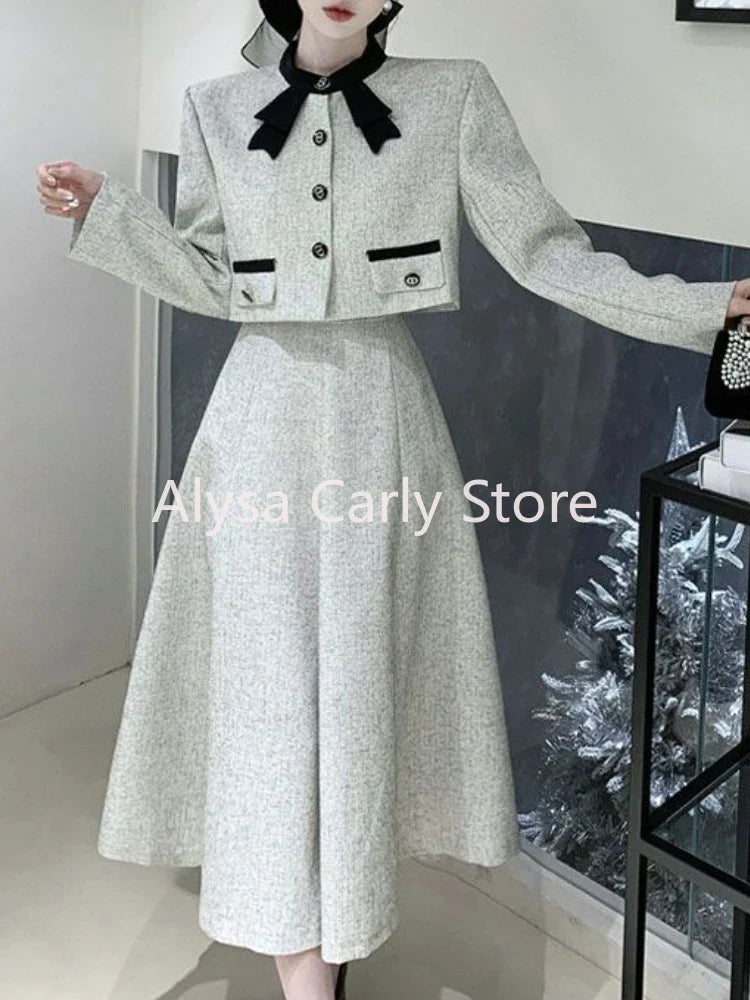 qgtao Korean Elegant Two Piece Set Women Autumn Chic Bow Coat Folds Midi Skirt Set Vintage Office Lady Formal Occasion Party Skirt Set