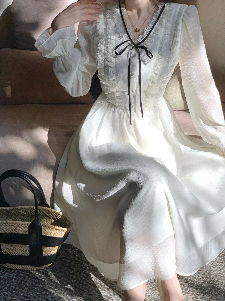 qgtao White Elegant Long Sleeve Fairy Dress Women Ruffles Design Korean Slim Party Dress Female 2024 Autumn Fashion Casual Midi Dress