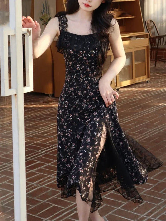 qgtao Sexy Elegant Floral Fairy Strap Dress Women Lace Design Korean Slim Party Dress Female 2024 Autumn Black Causal Sweet Midi Dress