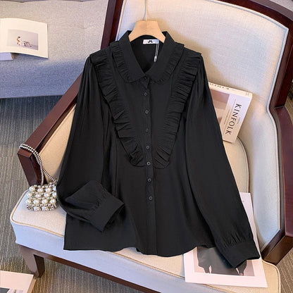 qgtao Plus-size women's spring casual shirt Ruffled decorative personality design commuter top Loose comfortable black pink shirt