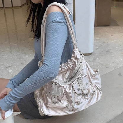 qgtao  Y2k White Shoulder Bag for Women Pleated Soft Autumn 2023 New Trendy Tote Bag Multi-pocketed Large Capacity Handbag Sac