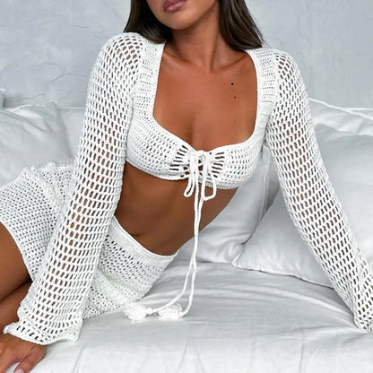 qgtao Women's Sexy Holiday Knittd Bikini Cover Up Sets Beach Hollow Out Crocheted Top + Skirt Sexy Lady See Through Beach Set