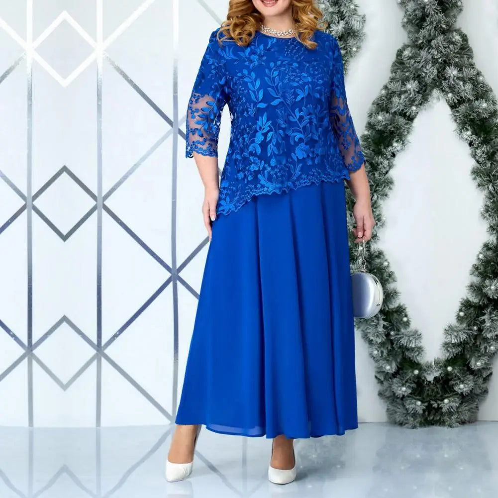 qgtao Plus Size Long Dress Elegant Plus Size Maxi Dress with Flower Embroidery Lace Detail Three Quarter Sleeve O Neck Fake Two-piece