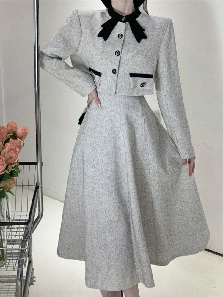 qgtao Korean Elegant Two Piece Set Women Autumn Chic Bow Coat Folds Midi Skirt Set Vintage Office Lady Formal Occasion Party Skirt Set