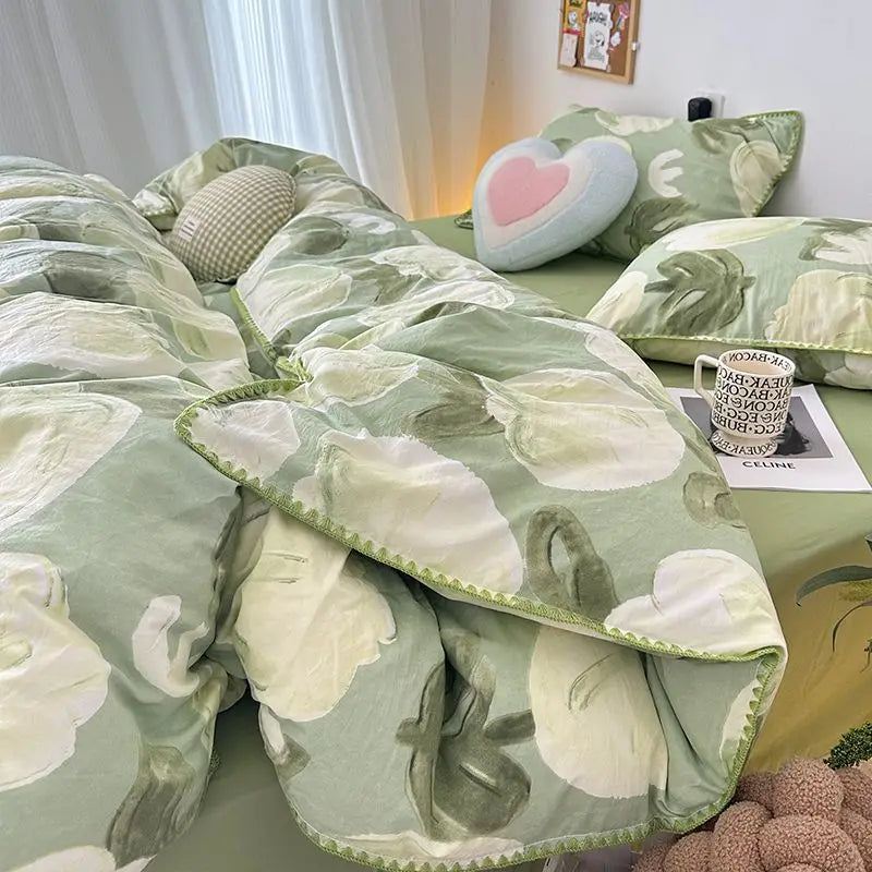 Yeknu Student Dormitory Three-piece Ins Oil Painting Wind Tulip Quilt Set Double Yarn Four-piece Set 1.8 Washed Cotton Bed Girl