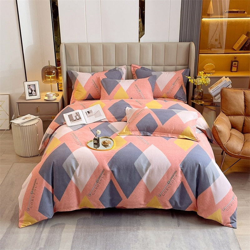 Yeknu 4pcs Autumn and Winter Thickening Soft Bedroom Bedding Set Home Textile Geometric Pattern Sheet Quilt Cover Pillowcase