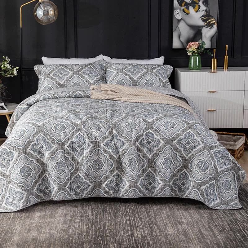 Yeknu 100% Cotton Handmade Geometric Grey 3pcs Printed Quilted Quilt Pillowcase Free Shipping